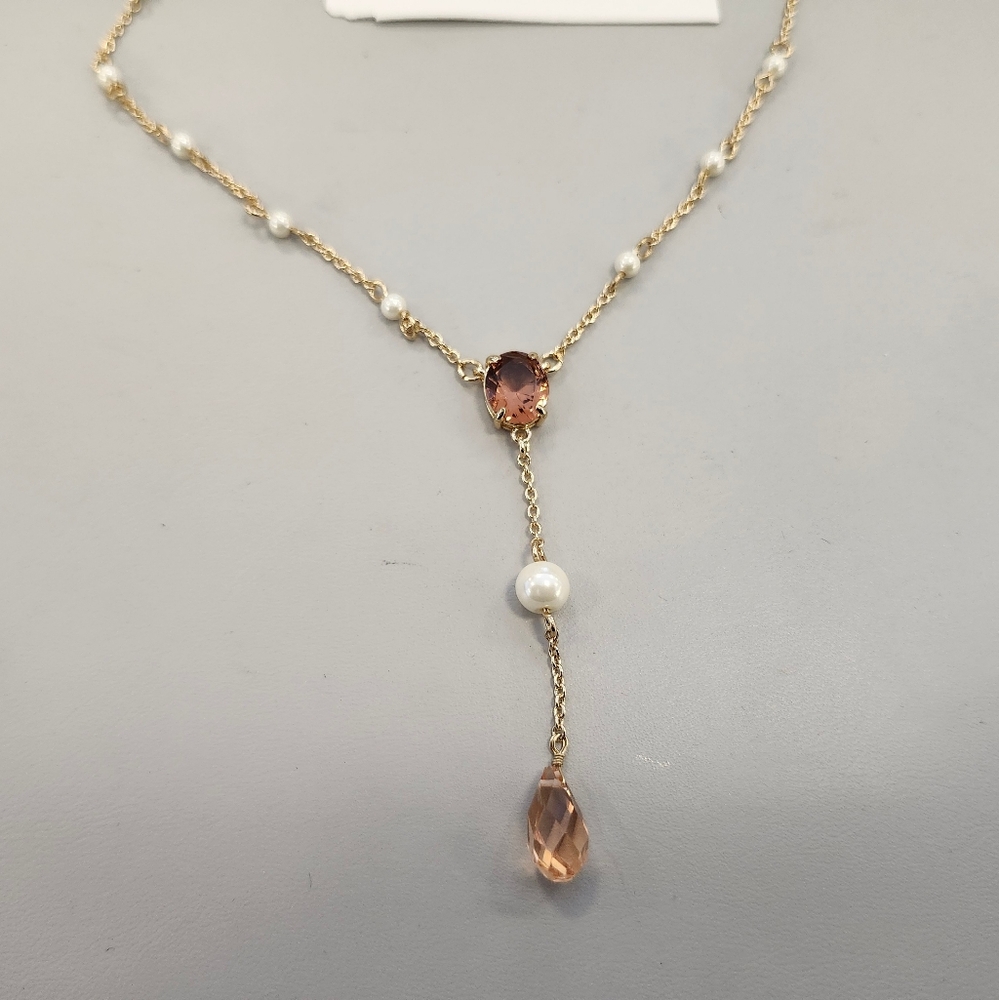NWT Ralph Lauren Gold-Tone Pink Pearl and Rhinestone Y Necklace